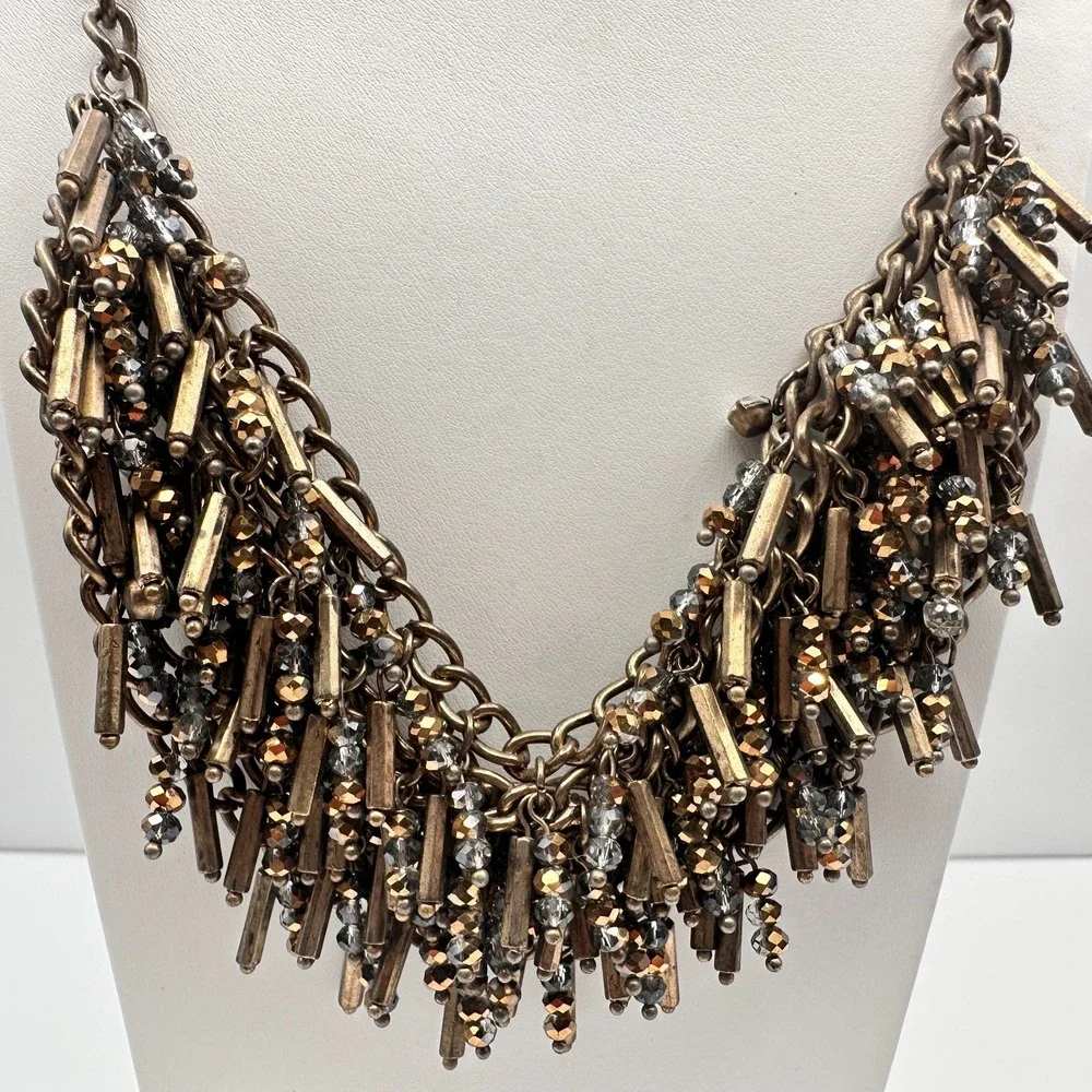 Vintage 90s Bronze Bib Necklace Glass Bead Tassel Fringe Statement Piece